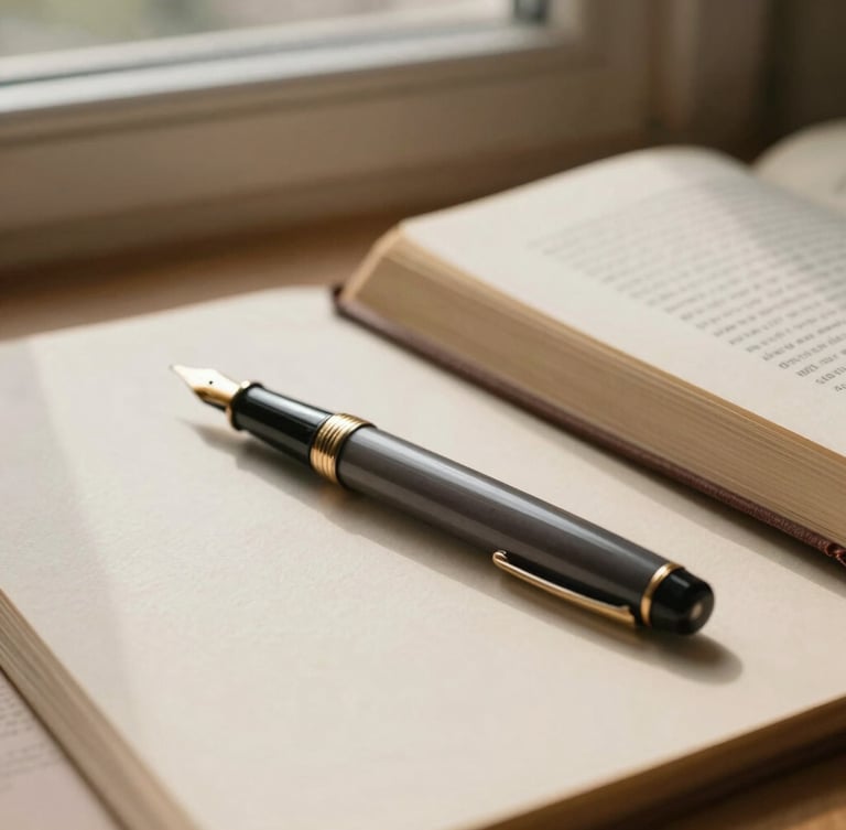 Close-up of a classic fountain pen resting on textured cream paper next to an open law book, soft natural morning light filtering through a window, warm sand tones.