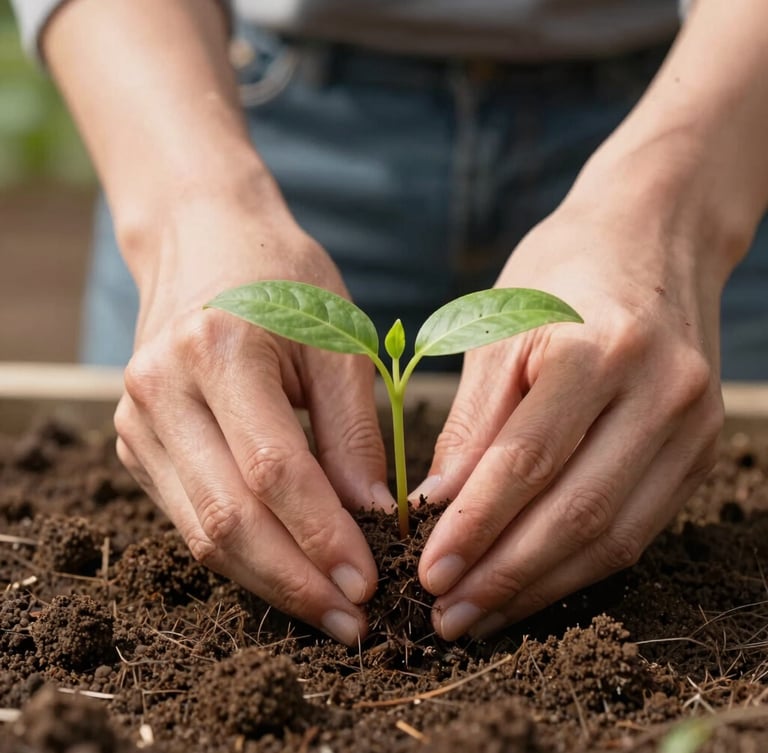 Close-up of hands planting a seedling in fertile soil, warm natural daylight, soft focus, earthy tones.
