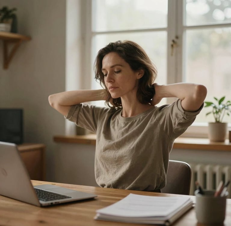 Warm editorial photography of a woman in her 40s sitting comfortably at a sunlit wooden home office desk, stretching her shoulders gently, soft natural window light, muted earthy tones, shallow depth of field