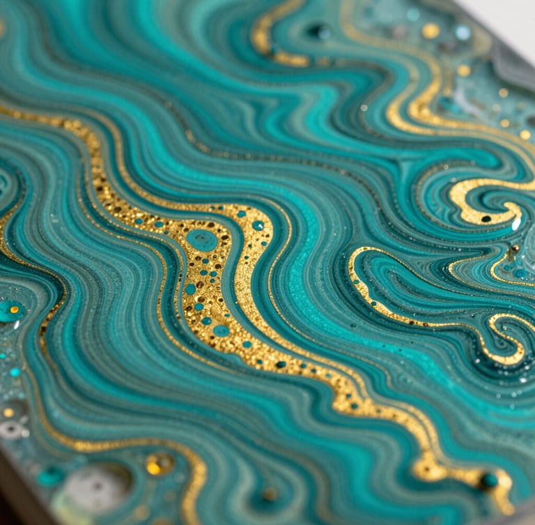Macro texture shot of vibrant teal and gold pigments swirling beneath a cured, glass-like resin finish, natural side-light.