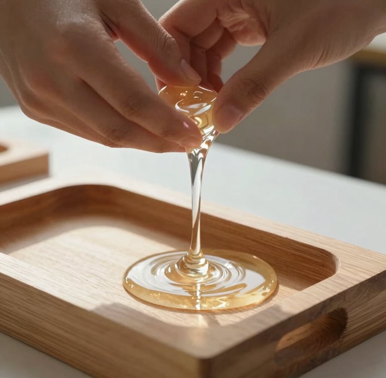 A close-up photograph of hands slowly pouring clear, liquid resin into a minimalist wooden tray mold, capturing the fluid movement and glossy reflection under natural morning side-light.