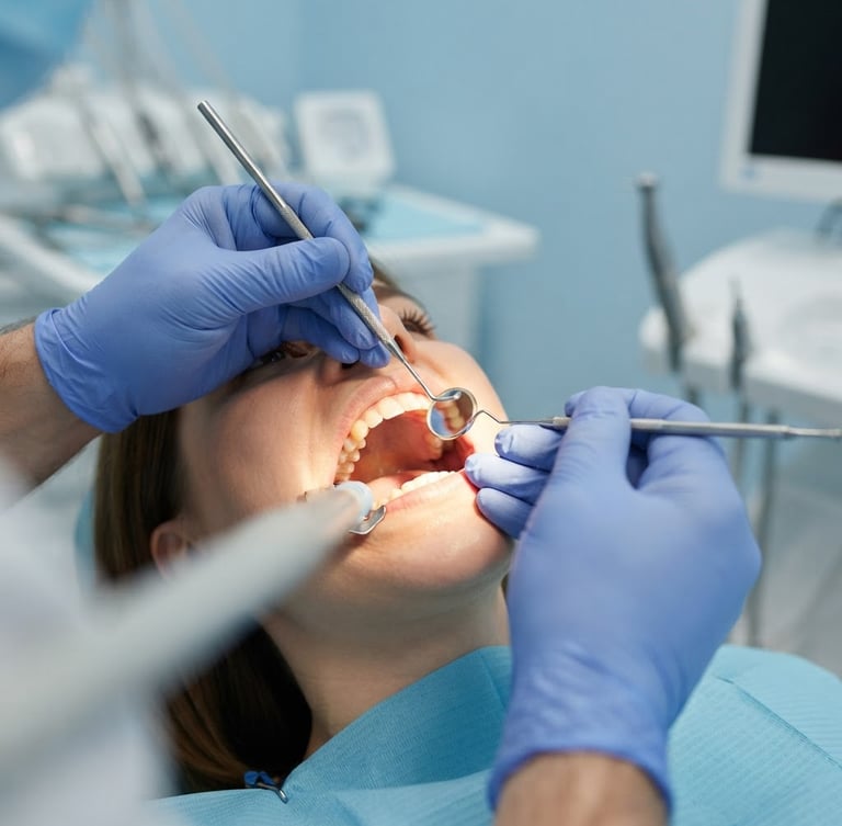 Close-up of a dentist's gloved hands gently examining a patient's mouth under bright clinical lights, sterile tools visible, clean modern operatory background.