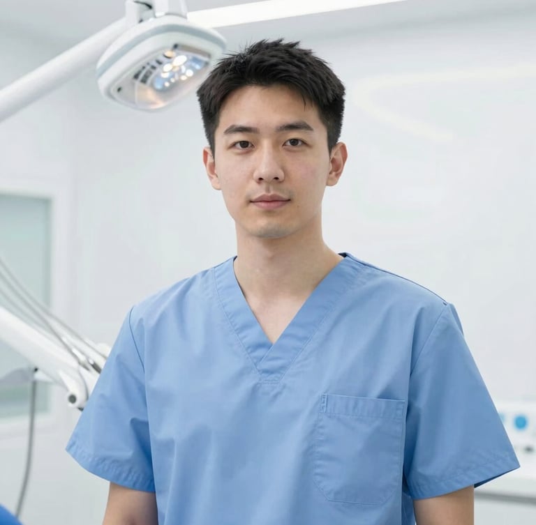 Portrait of a calm, capable dentist in scrubs, looking reassuringly at the viewer. Bright, clean clinical white light, soft shadows, conveying hygiene and safety.