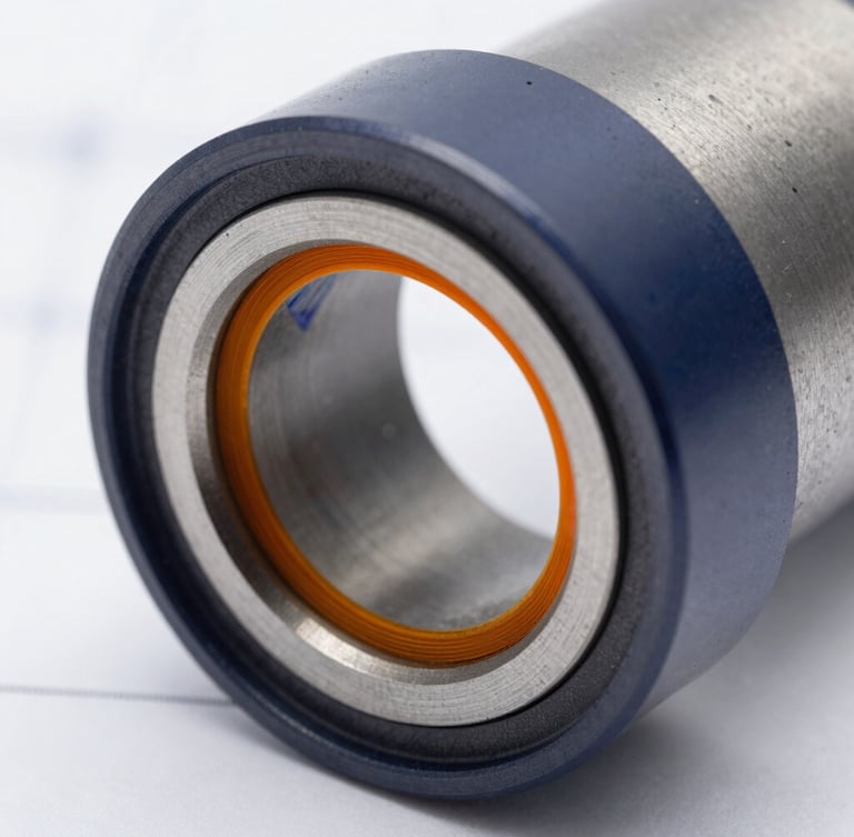Precise CAD cross-section of a high-performance mechanical seal face, showing finite element analysis stress concentrations in safety orange and deep blue, sharp technical drafting lines, crisp laboratory daylight.