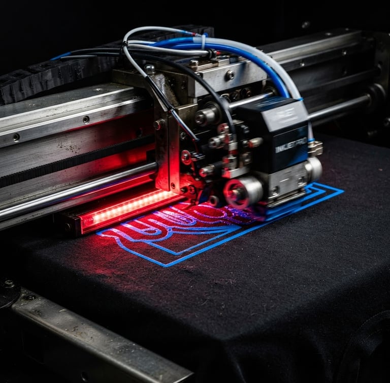 Macro portrait of an industrial DTF printer in motion, electric blue ink curing on black cotton fabric under intense red studio rim light, sharp technical details, 3:4 portrait crop