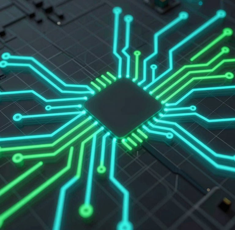 Abstract digital 3D render of glowing neon cyan and green circuit board pathways, dark obsidian background, geometric grid lines, macro perspective
