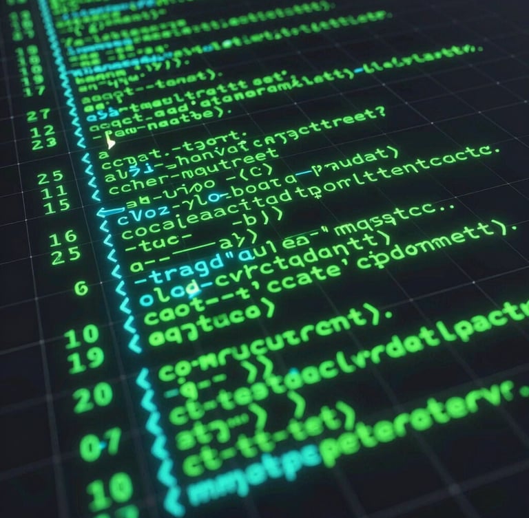 Abstract digital 3D render of glowing terminal green syntax-highlighted code textures on a dark obsidian canvas, macro perspective