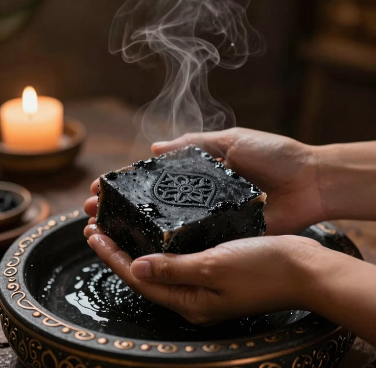 Close-up of hands applying traditional Moroccan black soap during a deep exfoliation, warm ambient lighting, steam rising, dark stone and bronze accents, cinematic 35mm, portrait aspect, subject off-center.