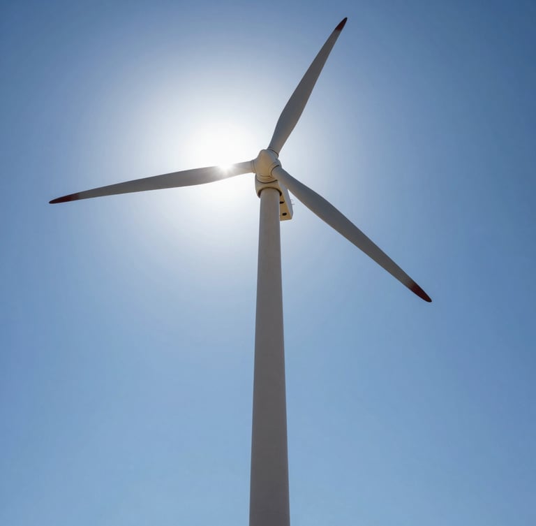 Low-angle technical shot of a single modern wind turbine tower rising into a bright blue desert sky, sharp steel details, sun flare reflecting off the rotor hub.