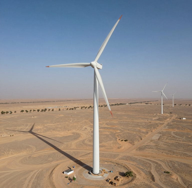 Ultra-wide environmental landscape of the Gharo wind corridor in Sindh, Pakistan. A massive wind turbine stands in the arid desert plains under bright daylight, casting long shadows.