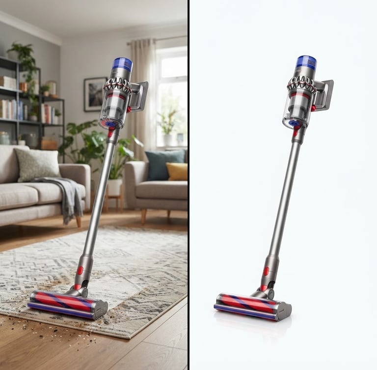Split-screen comparison of a product image with a complex background on the left and the same product perfectly isolated on a pure white background on the right, high-contrast, studio lighting, vibrant red and blue accents, sharp edges.