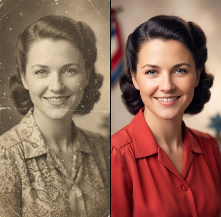 Split-screen comparison: left side shows a faded, sepia-toned vintage portrait with visible scratches and dust; right side shows the same portrait vibrant, clear, and perfectly restored, high-key studio lighting, warm nostalgic tones, crisp borders.