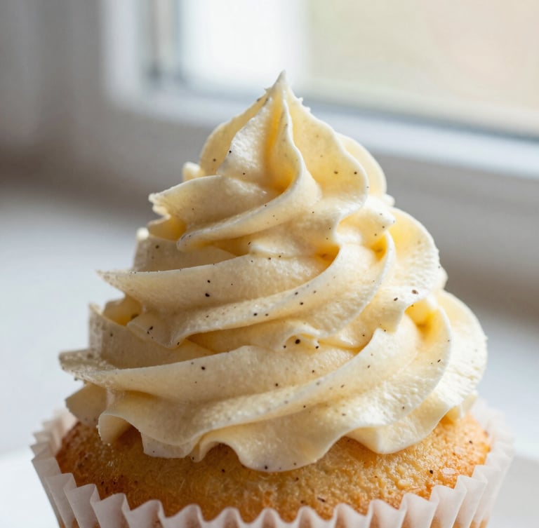 Macro close-up of a single vanilla bean cupcake, showing the intricate swirl of whipped buttercream frosting flecked with tiny black vanilla bean specks, soft window light.