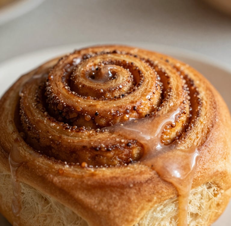 Macro close-up of a warm cinnamon roll, brown-sugar glaze slowly dripping down the golden-brown spiral, soft morning light, shallow depth of field.