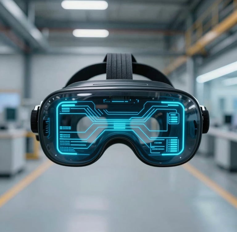First-person POV through an AR headset displaying sharp neon cyan telemetry lines and electric blue data wireframes overlaid on a clean, modern industrial factory floor, cool ambient lighting with soft cyan emissive glow.