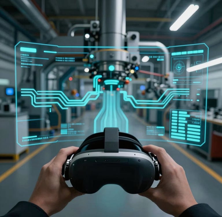 First-person POV through an AR headset, sleek digital HUD telemetry overlaid on a dark high-tech manufacturing floor, emissive neon cyan vector lines tracing machinery, cool-toned ambient light.