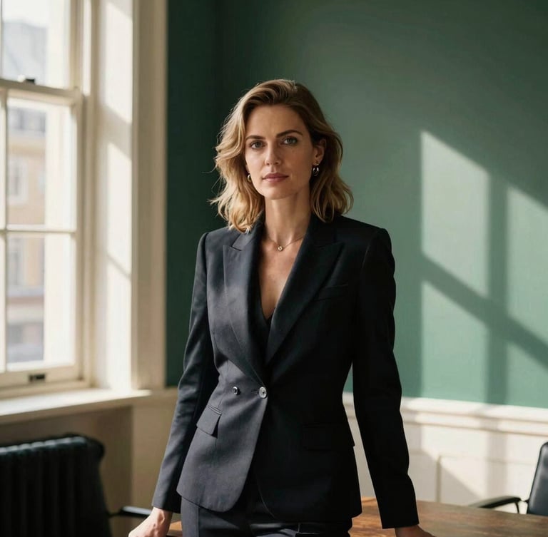 Editorial portrait of Isabella Wild in a sunlit architectural office in London, warm natural side-lighting, soft window shadows, professional and focused, 35mm photography