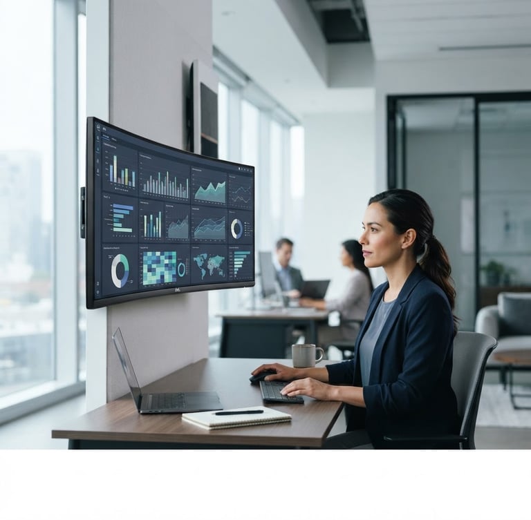 Modern corporate office environment, clean lines, large monitor displaying data analytics dashboard, soft cool light, sharp focus.