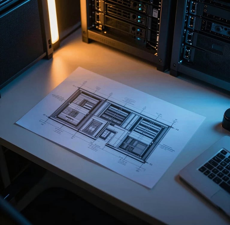 Overhead desk setup with architectural schematics of data centers, low-key lighting with amber neon accents, cool-toned shadows, 35mm