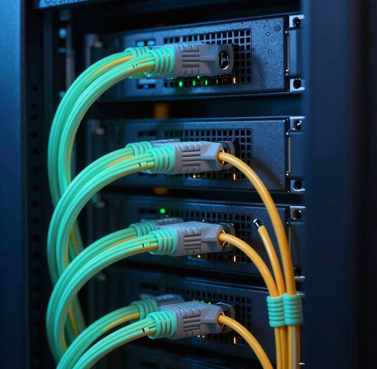 Macro shot of high-density server racks with clean, glowing neon cyan and amber cabling, low-key dramatic studio lighting, sharp 35mm details