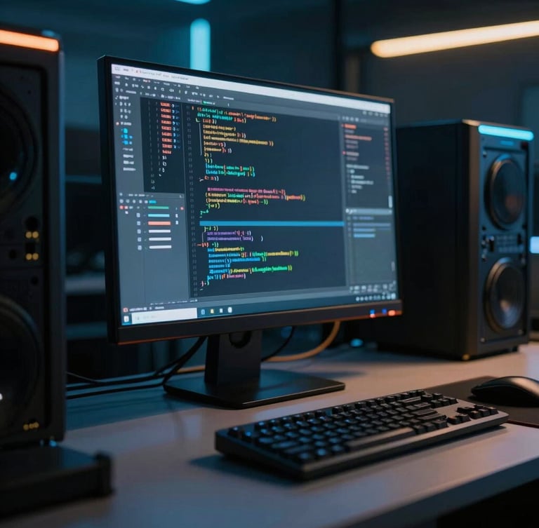 Dramatic low-key photography of a high-end software engineering workstation, cool-toned ambient light, neon blue and amber accents, code visible on screen, 35mm.