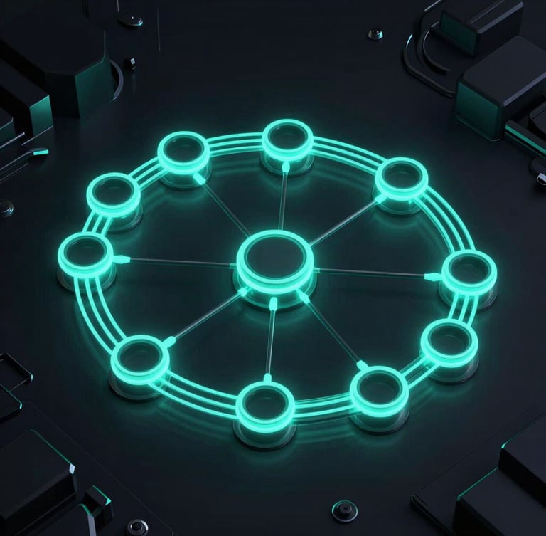 A highly detailed vector schematic of a blockchain consensus loop, glowing neon-cyan data streams tracing paths through obsidian nodes, high contrast, dark technical 3D render