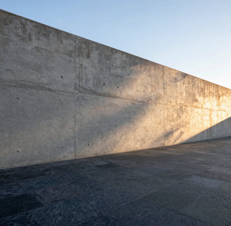 Low-angle architectural shot of a raw off-form concrete retaining wall meeting dark quarried bluestone paving, soft late-afternoon Melbourne light casting linear shadows.