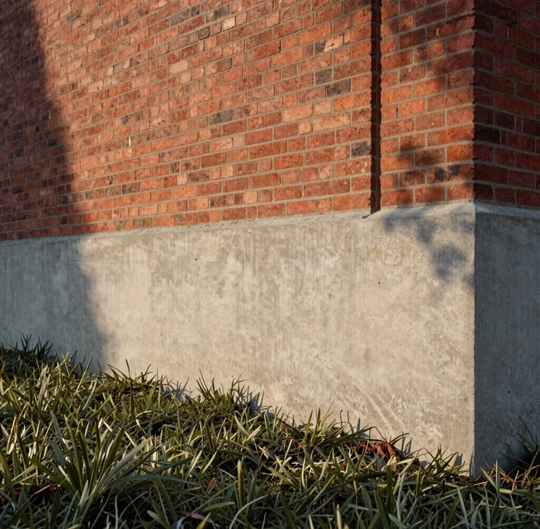 Low-angle architectural detail of raw off-form concrete retaining wall meeting 19th-century red brickwork, muted olive groundcover spilling over the edge, soft late-afternoon shadows.
