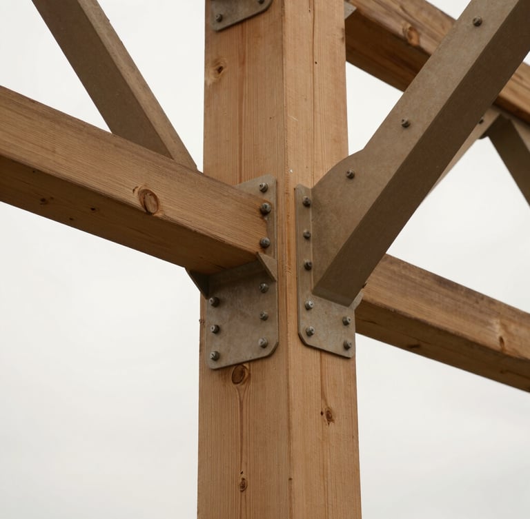 Close-up architectural detail of a steel truss bolted to a heavy timber column, raw galvanized bolts, warm timber grain, overcast soft light
