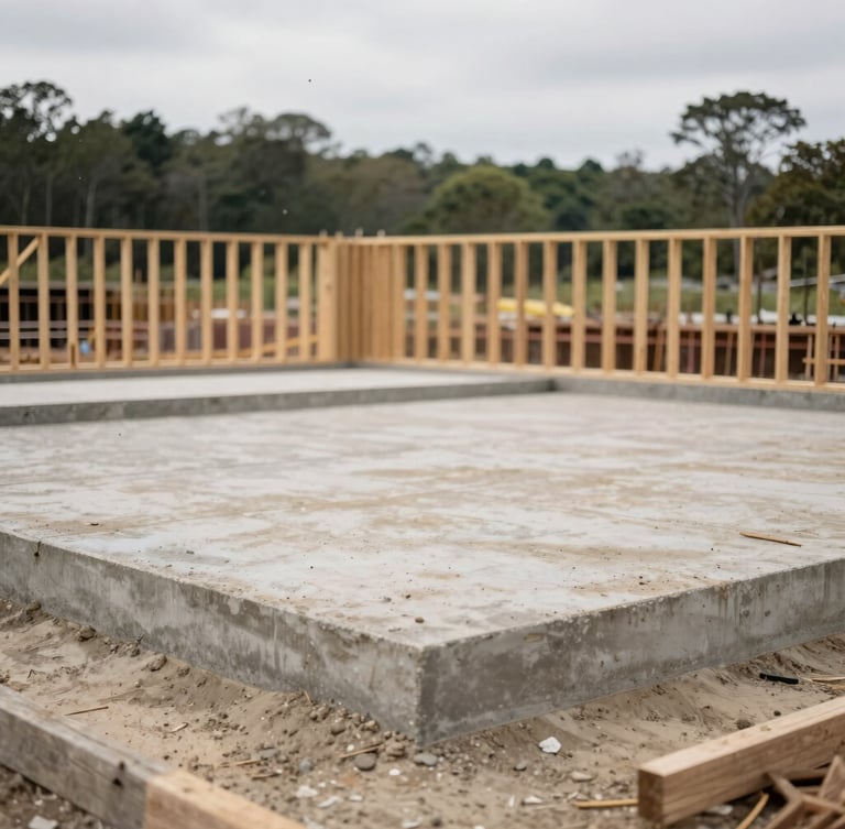 Earthy construction site with concrete foundation slab poured, forest background under overcast daylight, architectural framing, 35mm lens