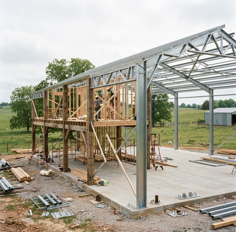 Architectural side-angle shot of a 40x60 steel barndominium frame under construction on a concrete slab, raw timber posts, natural overcast daylight, rural pasture background