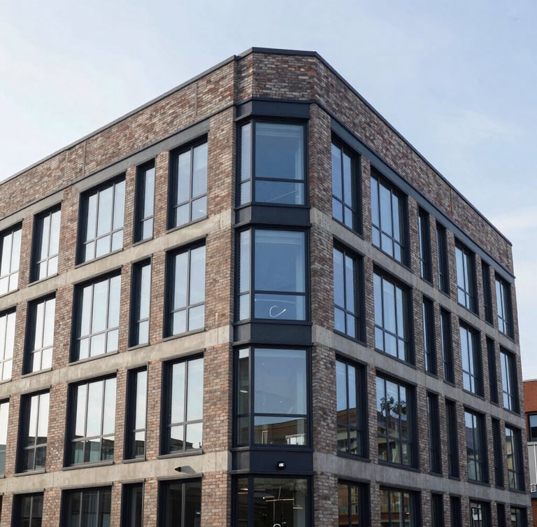 Straight-on architectural elevation of a modern, clean-lined brick and glass commercial building, overcast morning daylight, sharp focus, 35mm