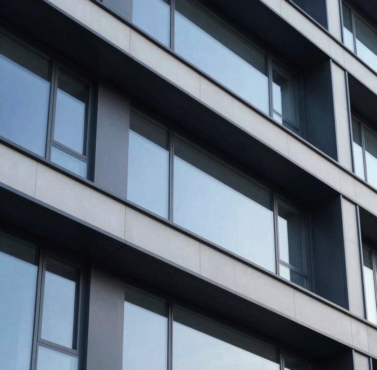 Architectural detail of a modern building facade, emphasizing clean lines and robust materials, low-contrast overcast daylight.