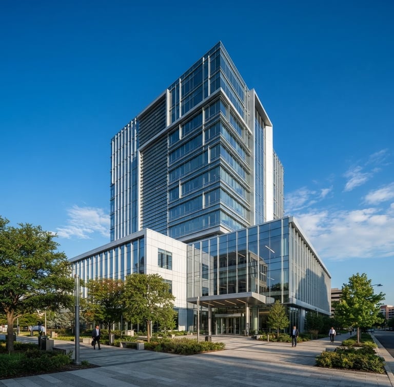 Wide shot of a modern, well-maintained commercial building with clean architectural lines under crisp morning sun, deep blue sky, sharp focus.
