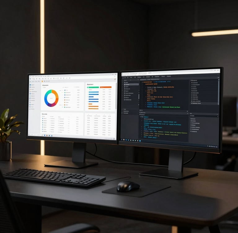 Sleek modern workspace with dual monitors displaying analytics dashboards and code, dramatic low-key lighting with subtle gold accents, premium dark-mode photography