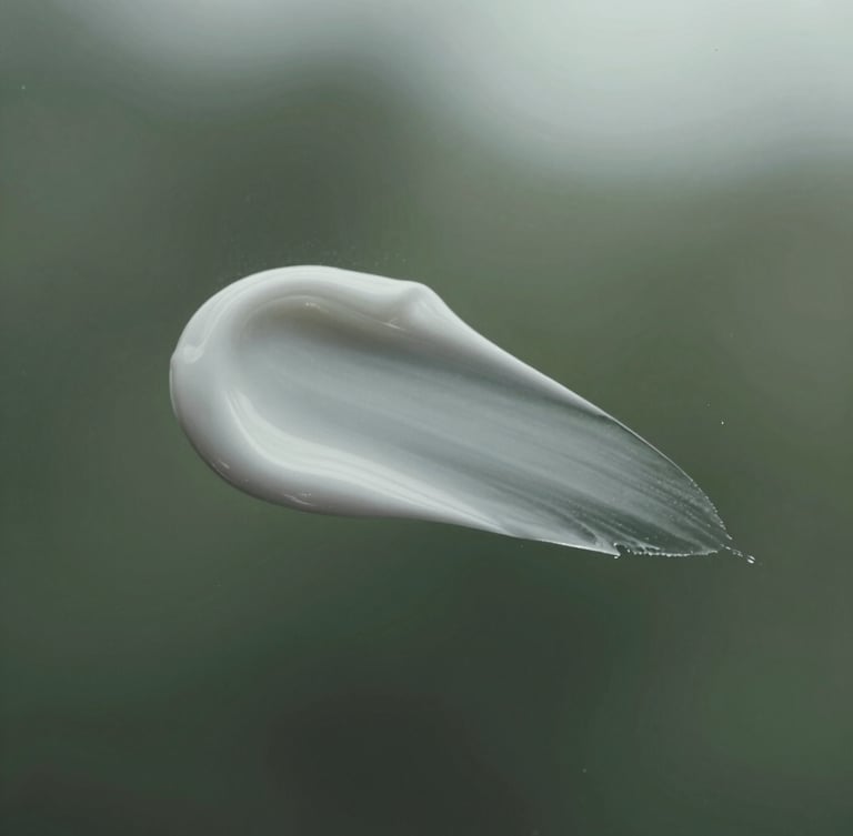 Macro close-up of clean skincare cream texture on clinical silver-grey glass, cool overcast northern daylight, desaturated forest green tones, sharp focus, 35mm