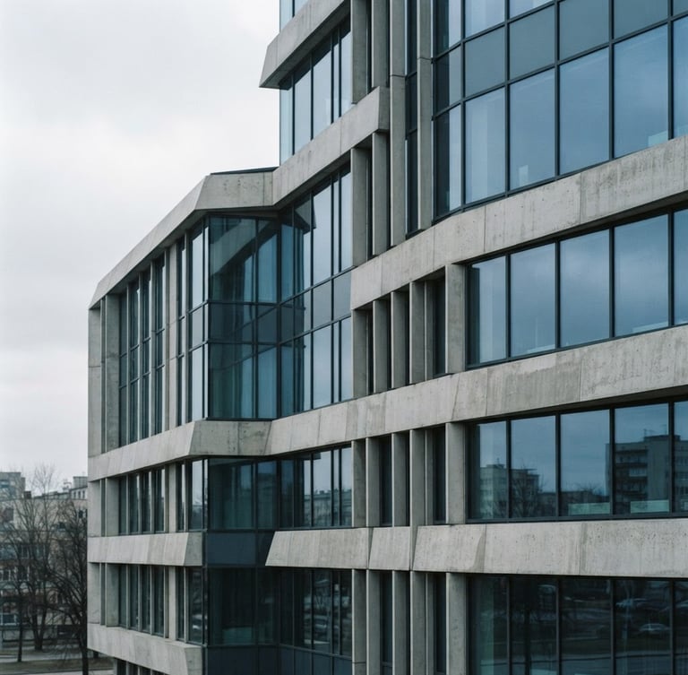 A striking architectural crop of a Baltic corporate office, concrete and glass geometry, cool overcast northern daylight, desaturated forest green and silver tones, sharp focus, 35mm