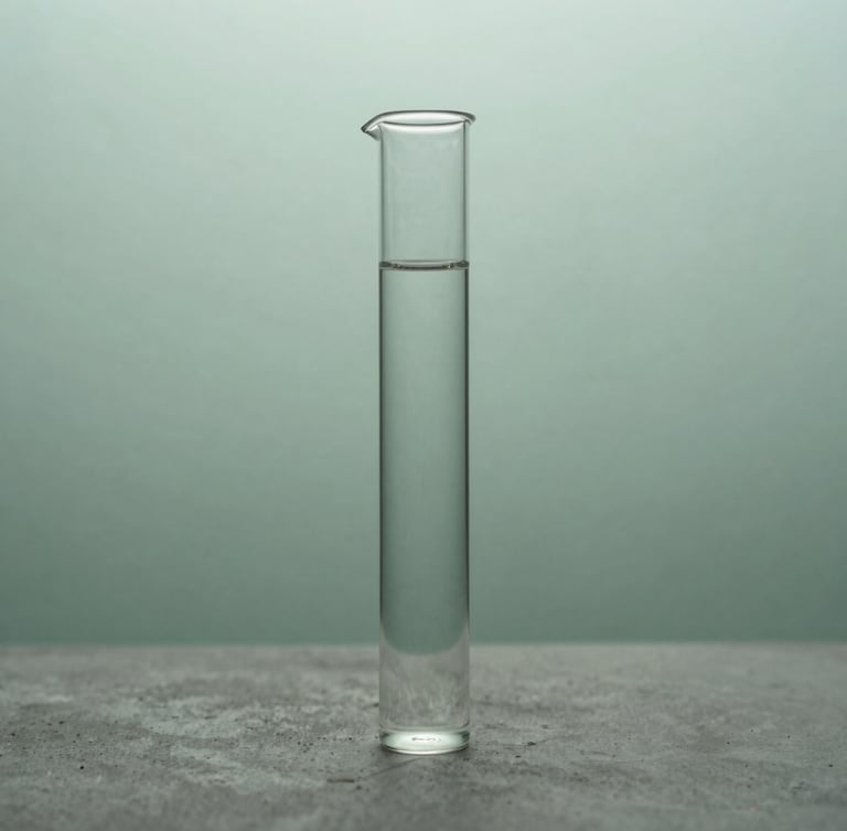A tall portrait shot of minimalist laboratory glassware filled with clear fluids, resting on a raw concrete surface, cool overcast daylight, desaturated forest green tones