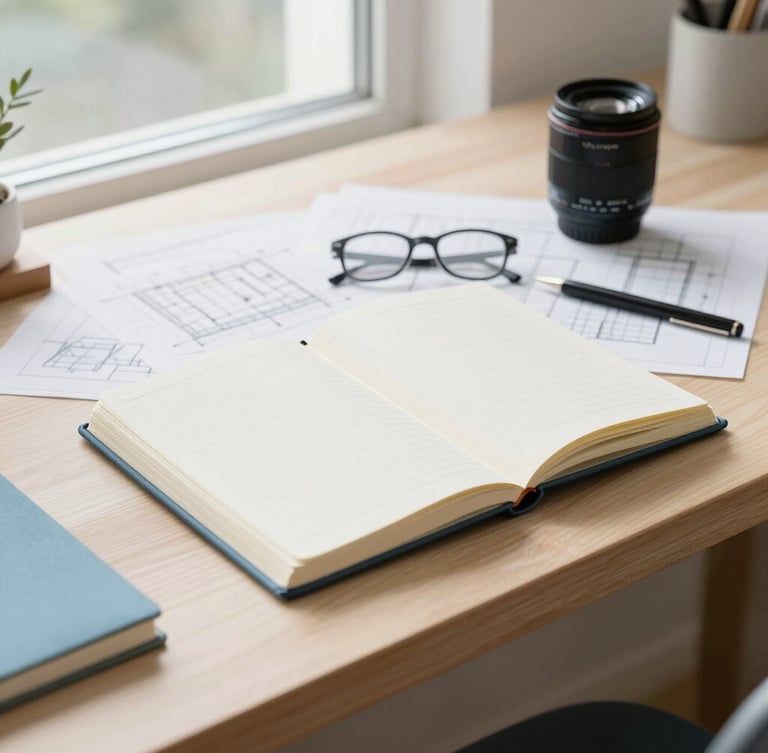 An organized workspace with a clean wooden desk, a notebook, architectural plans, and soft daylight filtering through a window, 35mm lens