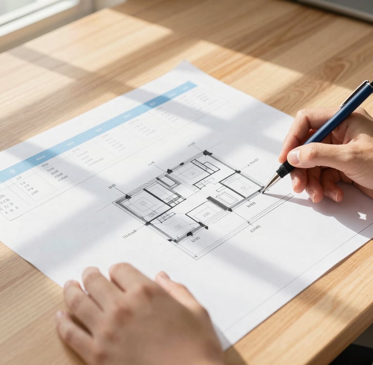 A close-up shot of hands reviewing architectural plans and a tax ledger on a warm wooden table, soft window shadows, natural light, editorial lifestyle photography
