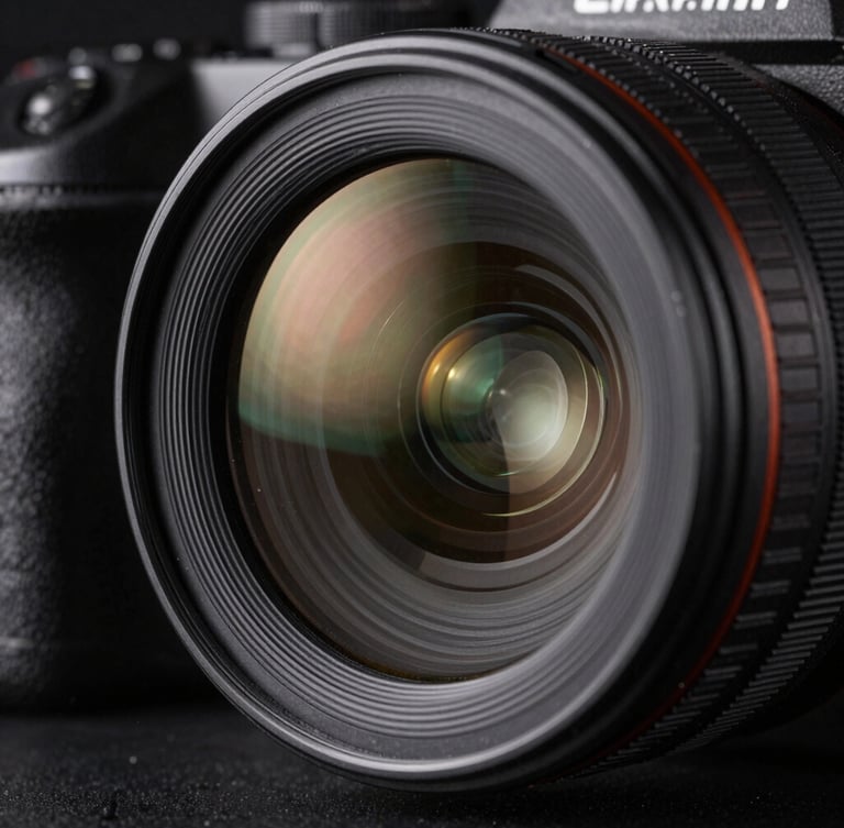 Extreme close-up of a high-end camera lens reflecting a sharp studio light, dark background, industrial aesthetic.