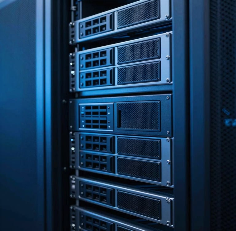 Macro shot of modern clean server racks with cool blue ambient light, high-contrast corporate tech-noir, 35mm lens
