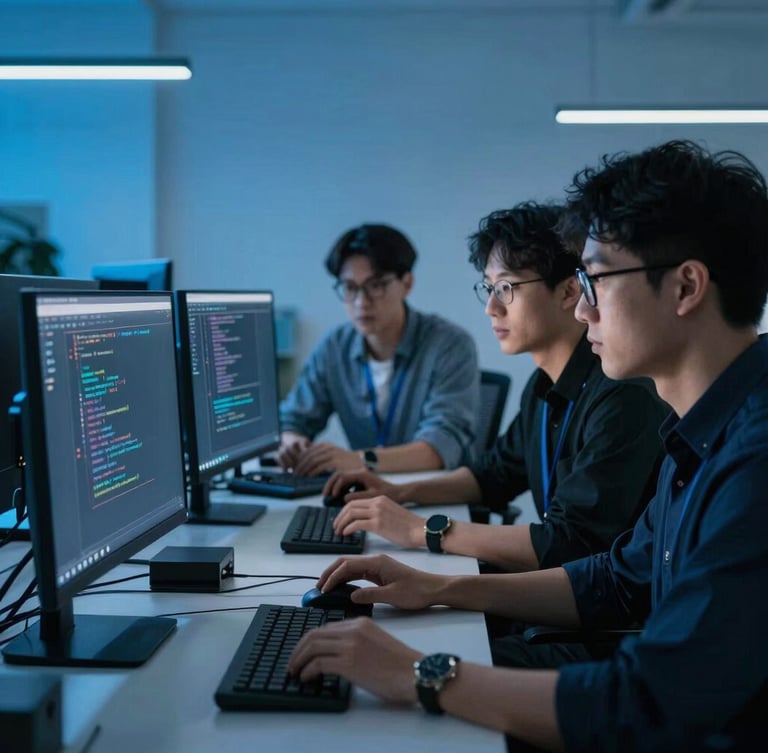 Medium-close shot of software developers collaborating over code screens in a cool-toned office environment, low-key blue ambient light, crisp studio focus, 35mm lens