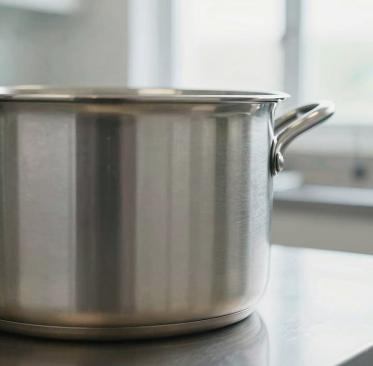 Side profile close-up of a high-end surgical steel pot, showing the thick multi-layered base, clean clinical kitchen environment, soft natural lighting