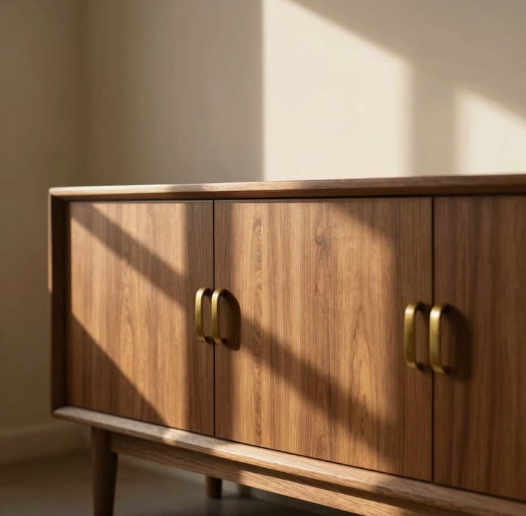 Editorial low-angle shot of a minimalist walnut sideboard with brushed brass handles, warm golden-hour window shadows casting geometric patterns, 35mm