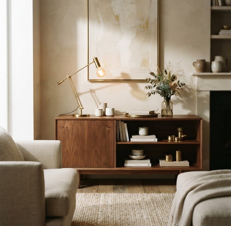 Warm editorial photography, soft morning window light, rich walnut and beige tones, shallow depth of field, 35mm. A beautifully styled living room featuring a solid walnut credenza and hand-finished brass lighting, casting soft shadows on a beige plaster wall.