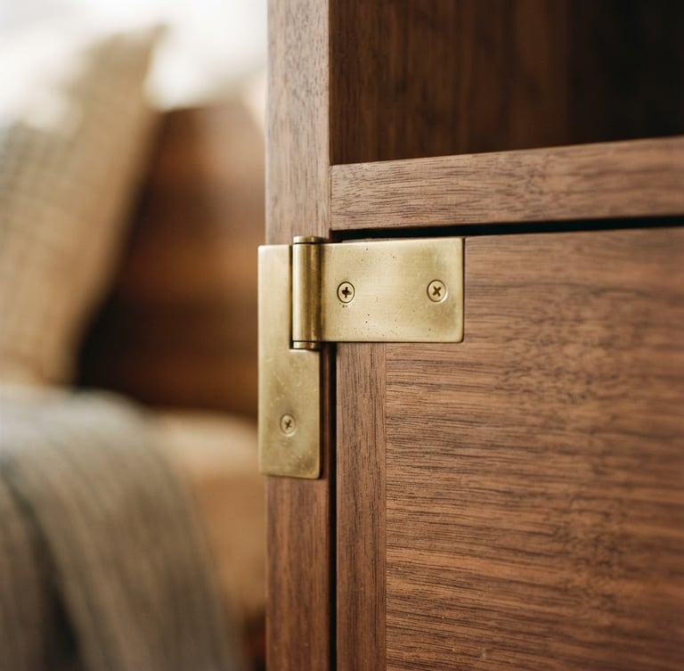 Close-up of hand-finished brass joints on a solid walnut cabinet, warm morning light casting soft shadows, shallow depth of field, 35mm