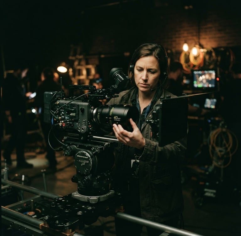 Moody low-key cinematic film photography of a director adjusting an anamorphic lens on a professional camera rig, deep forest green shadows, warm tungsten practical lights in the background.