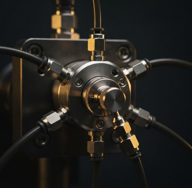 Macro photography of a high-performance liquid chromatography injection valve, deep charcoal background, subtle gold lighting highlighting the metallic precision, shallow depth of field.