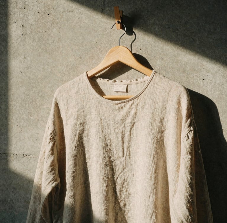 A minimalist garment hanging on a raw wooden peg against a concrete wall, low-angle afternoon sunlight, rich linen texture, shadows, 35mm